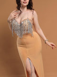 A belly dancing suit made of Lycra with shiny thread embroidery at the chest