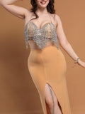 A belly dancing suit made of Lycra with shiny thread embroidery at the chest