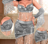 A belly dancing suit made of leather and embroidered with threads and shiny beads