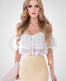 Two-piece dress consisting of a Lycra skirt and an off-shoulder top made of lace and Lycra