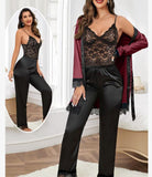 Three-piece pajamas made of satin and lace