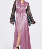 Long satin robe with lace sleeves