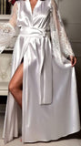 Long satin robe with lace sleeves