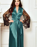 Long satin robe with lace sleeves
