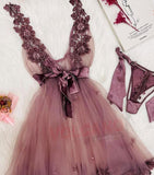 Two-piece lingerie made of tulle with lace embroidery