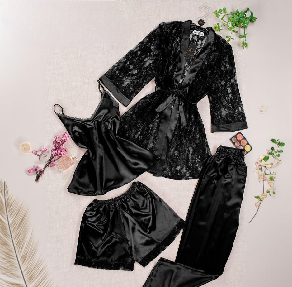 Four piece pajamas made of satin with a robe made of jobert