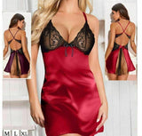 Satin lingerie embroidered with lace from the chest-open from pack