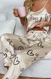 Two-piece satin pajama with hearts print