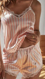 Two-piece satin pajama - striped - with lace around the chest