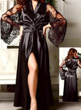Long satin robe with tulle and lace sleeves