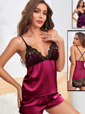 Two-piece satin pajama - with lace at the chest and behind the shorts