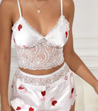 Satin pajama with hearts print - with lace