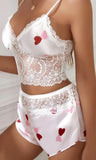 Satin pajama with hearts print - with lace