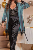 3-piece pajamas - lace top, satin pants and robe