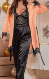 3-piece pajamas - lace top, satin pants and robe