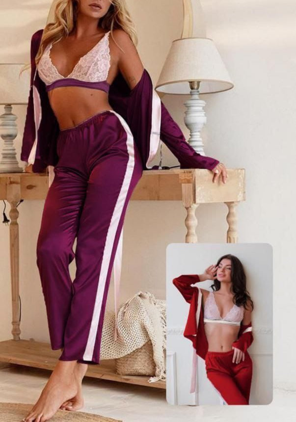 3-piece pajamas - pants and jacket made of satin with lace bra