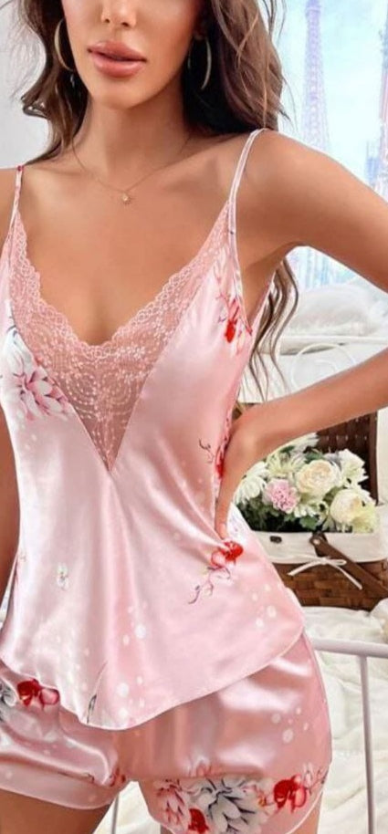 ESKTJH Women' Silk Satin Pajamas Set 4Pcs Lingerie Floral Lace