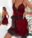 Satin lingerie with lace from the tail and around the chest - open from the back - with a satin ribbon around the middle