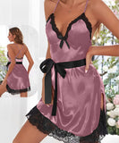 Satin lingerie with lace from the tail and around the chest - open from the back - with a satin ribbon around the middle